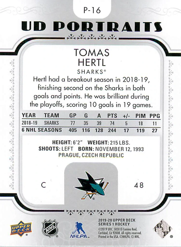 2019-20 UD Series 1 - Tomáš Hertl - UD Portraits #P-16