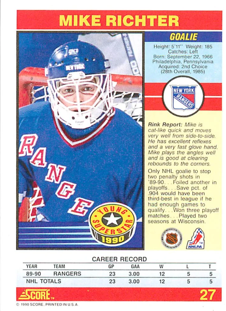 1990-91 Score Young Superstars - Mike Richter #27