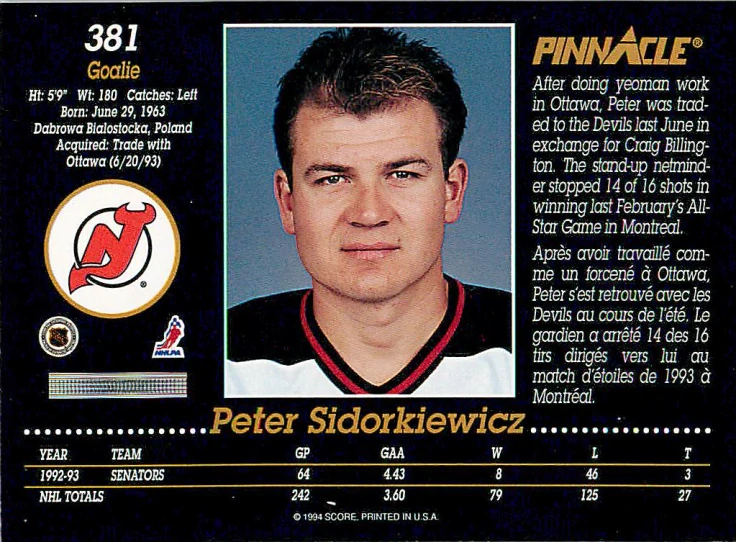 1993-94 Pinnacle - Peter Sidorkiewicz #381