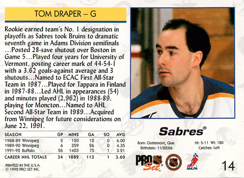 1992-93 Pro Set - Tom Draper #14