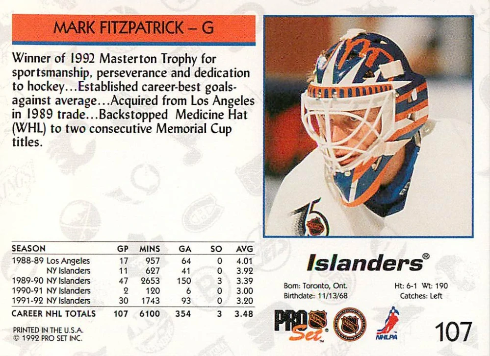 1992-93 Pro Set - Mark Fitzpatrick #107