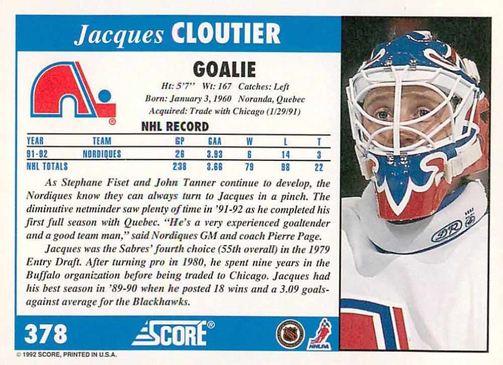 1992-93 Score - Jacques Cloutier #378