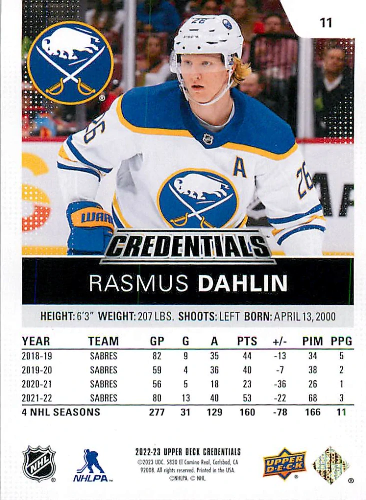 2022-23 UD Credentials - Rasmus Dahlin #11