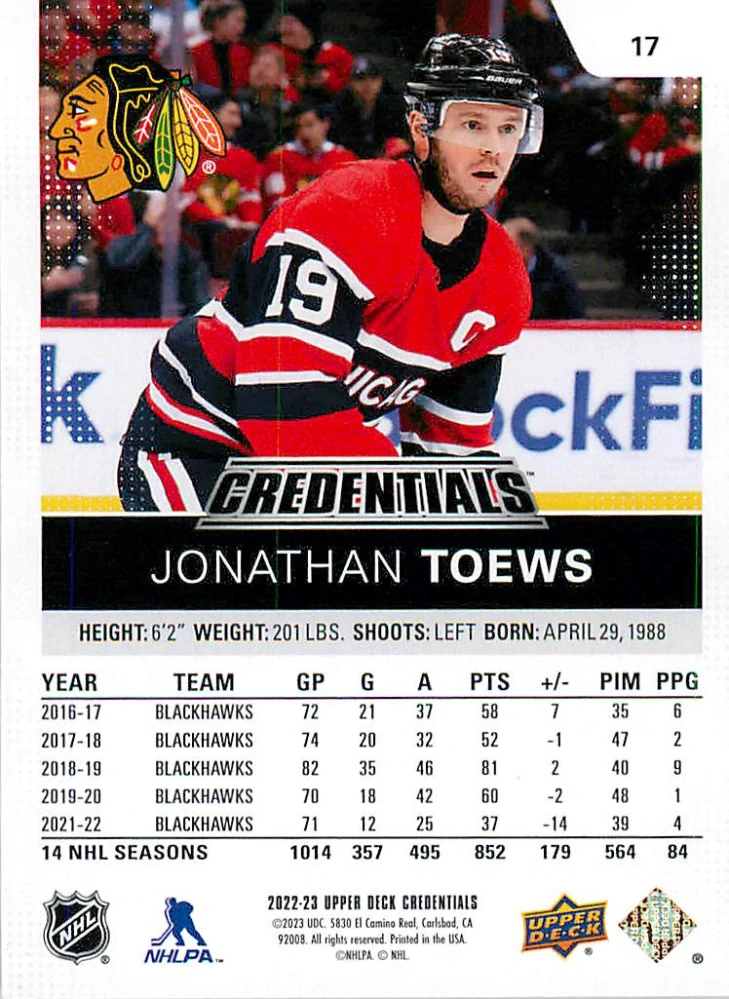 2022-23 UD Credentials - Jonathan Toews #17