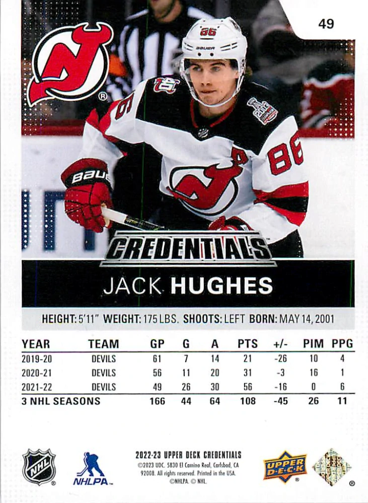 2022-23 UD Credentials - Jack Hughes #49