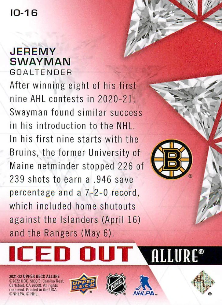 2021-22 UD Allure - Jeremy Swayman - Iced Out #IO-16