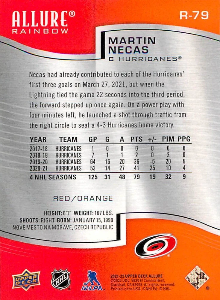 2021-22 UD Allure - Martin Nečas - Rainbow Red/Orange #R-79