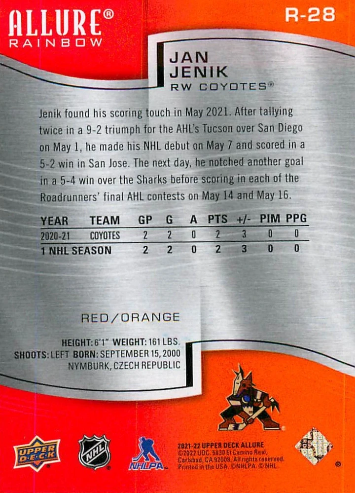 2021-22 UD Allure - Jan Jeník - Rainbow Red/Orange #R-28