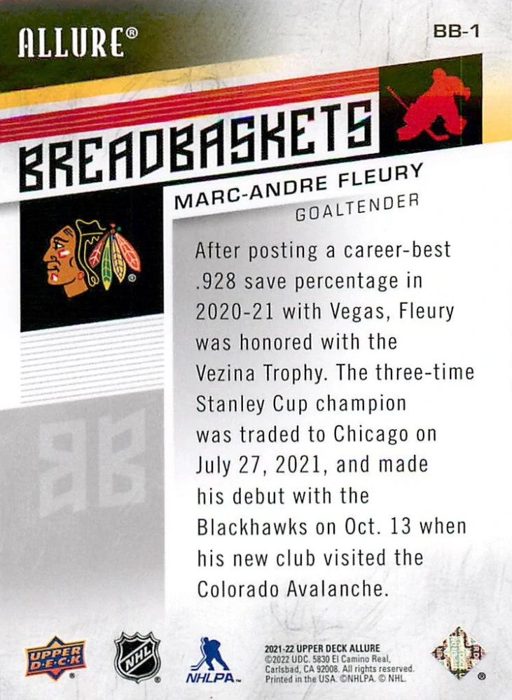 2021-22 UD Allure - Marc-Andre Fleury - Breadbaskets #BB-1