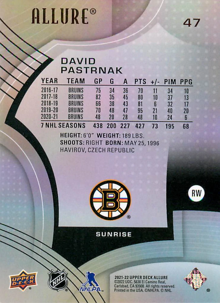 2021-22 UD Allure - David Pastrňák - Sunrise #47