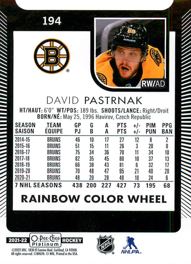 2021-22 UD O-Pee-Chee Platinum - David Pastrňák - Rainbow Color Wheel #194