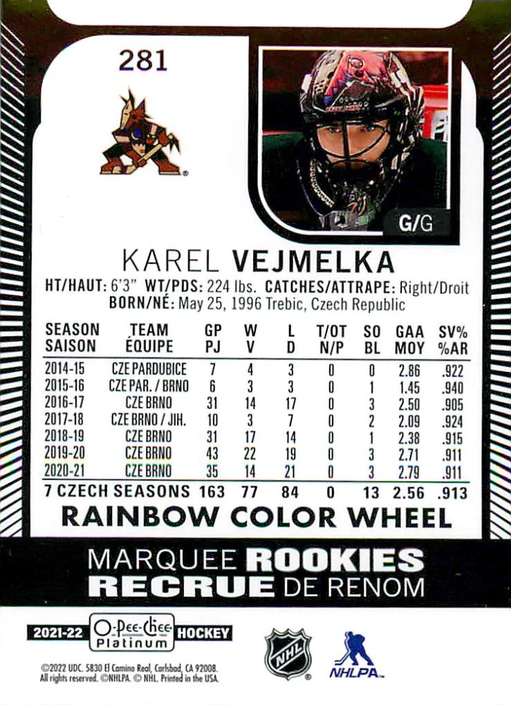 2021-22 UD O-Pee-Chee Platinum - Karel Vejmelka - Marquee Rookies Rainbow Color Wheel #281