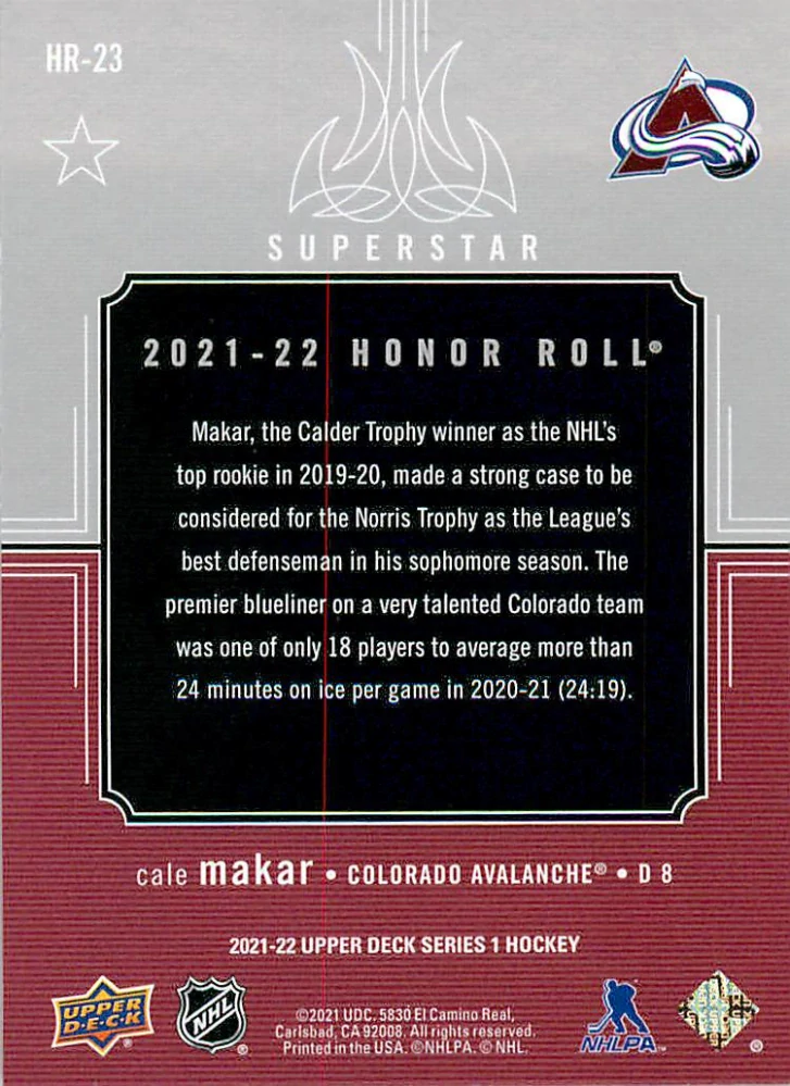 2021-22 UD Series 1 - Cale Makar - Honor Roll #HR-23