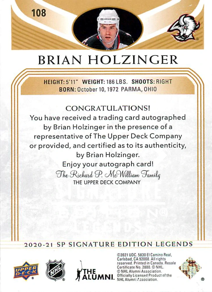 2020-21 UD SP Signature Edition Legends - Brian Holzinger - Gold Spectrum Foil Autograph #108