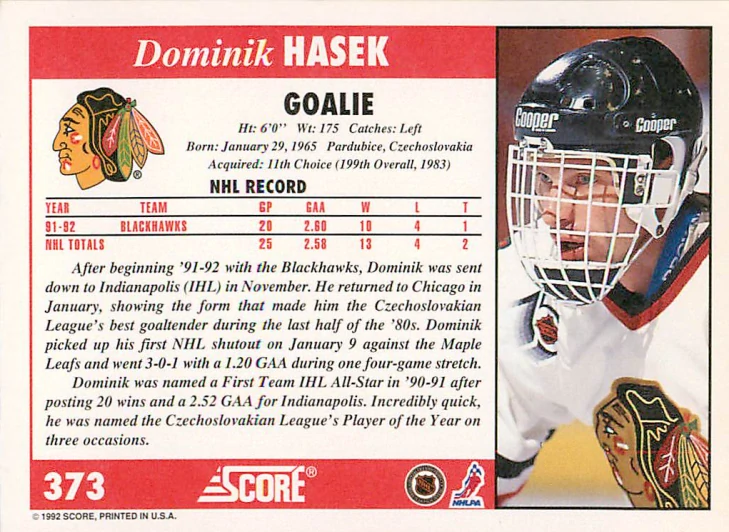 1992-93 Score - Dominik Hašek #373