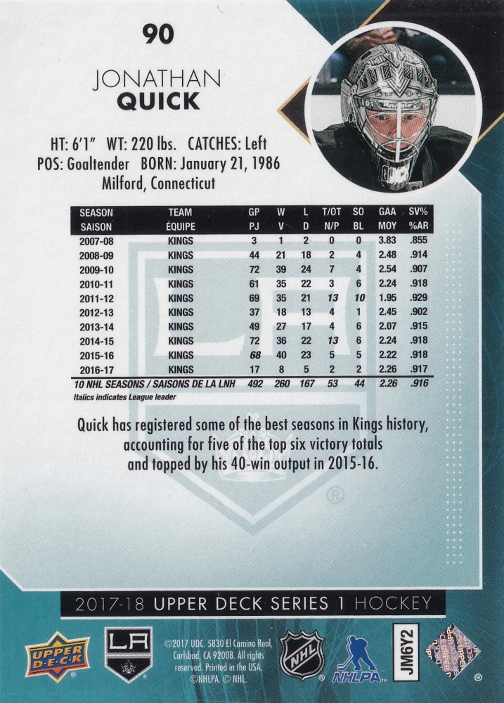 2017-18 UD Series 1 - Jonathan Quick #90
