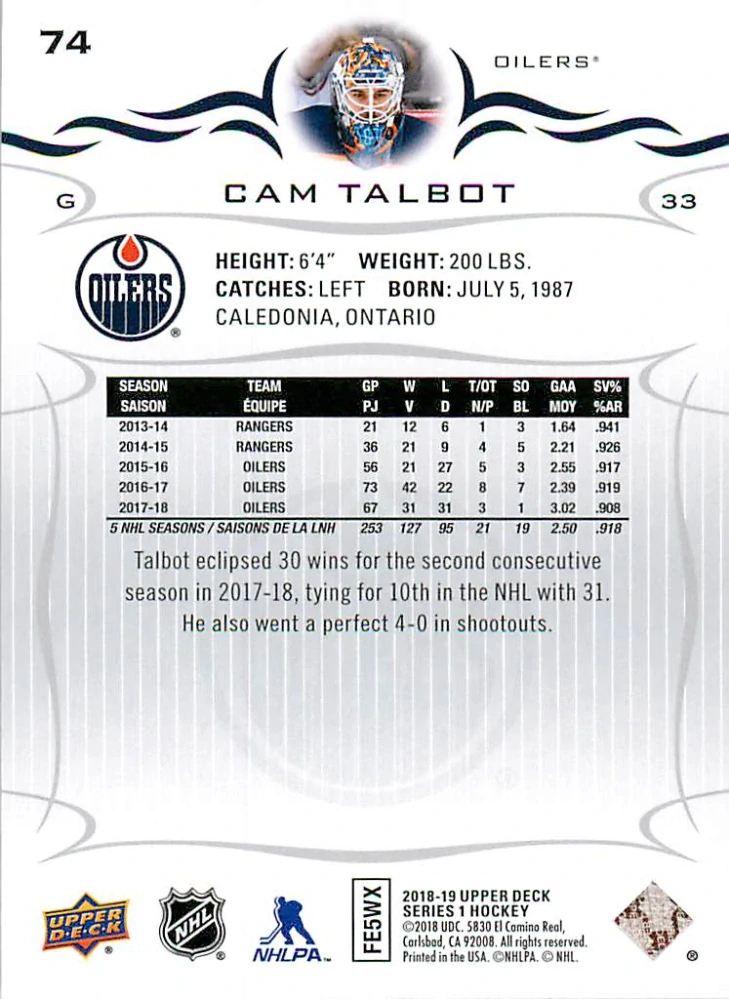 2018-19 UD Series 1 - Cam Talbot #74