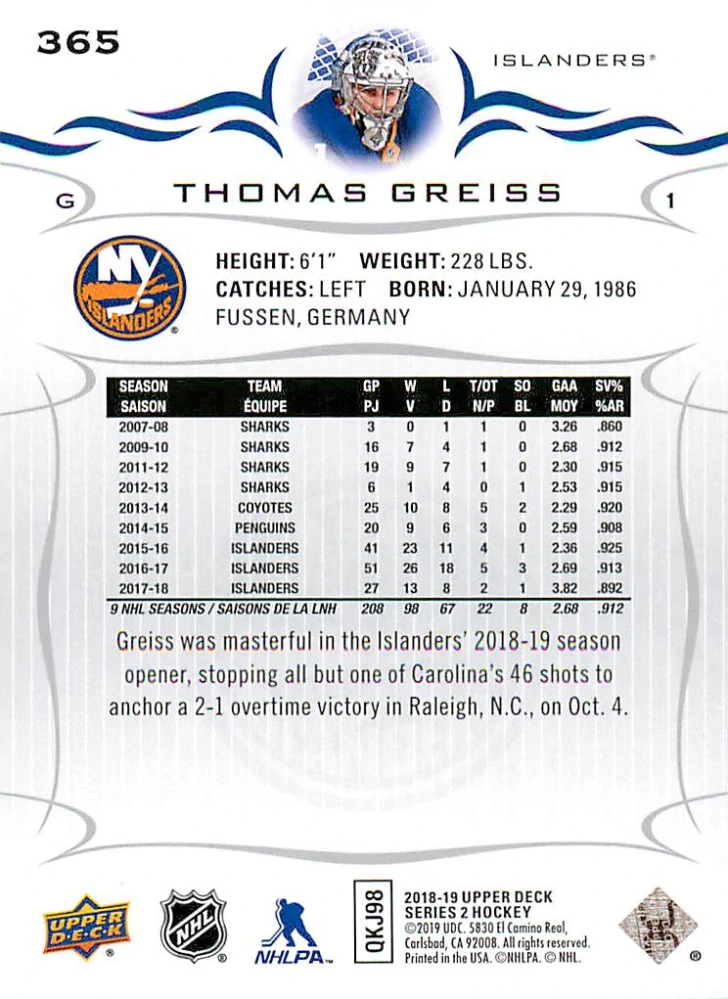 2018-19 UD Series 2 - Thomas Greiss #365