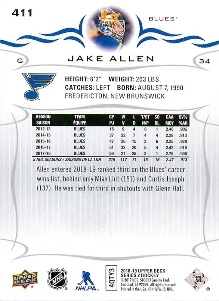 2018-19 UD Series 2 - Jake Allen #411