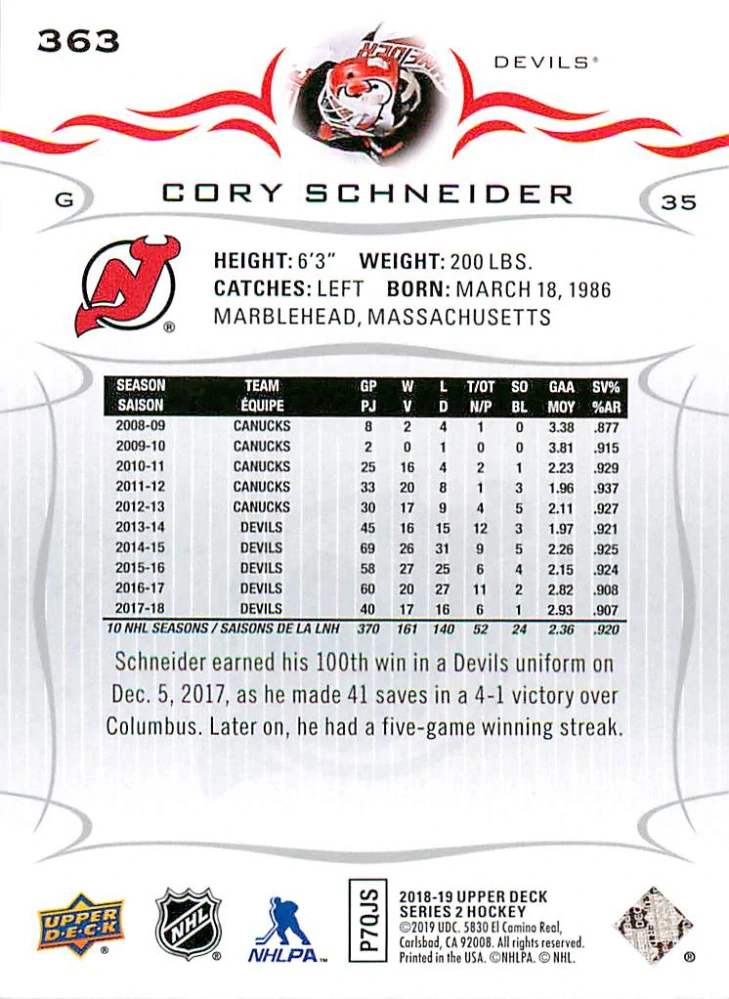 2018-19 UD Series 2 - Cory Schneider #363
