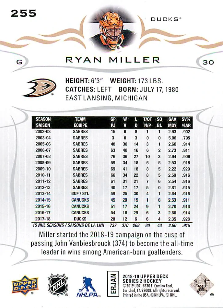 2018-19 UD Series 2 - Ryan Miller #255