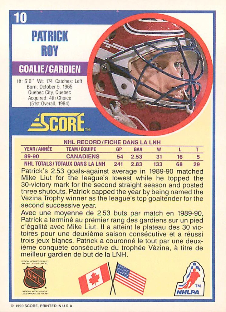 1990-91 Score - Patrick Roy (French) #10