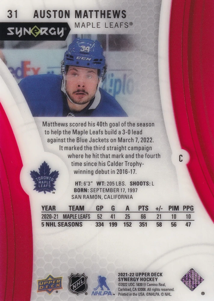2021-22 UD Synergy - Auston Matthews #31
