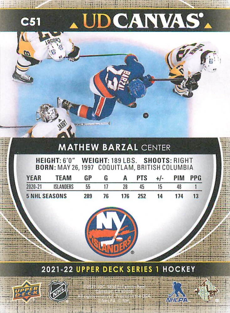 2021-22 UD Series 1 - Mathew Barzal - Canvas #C51
