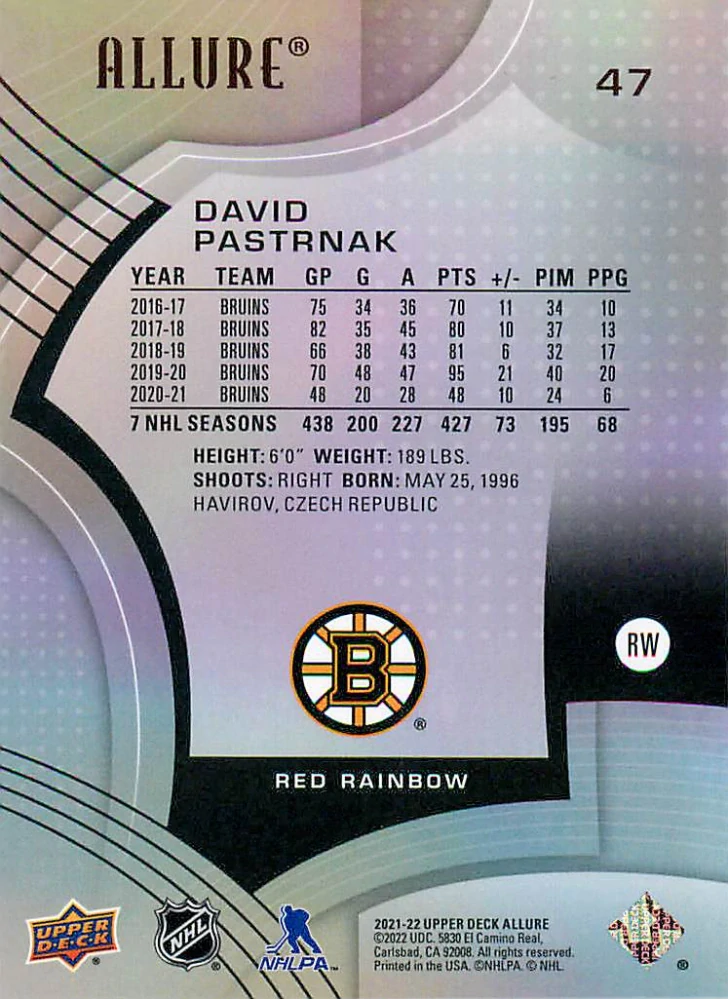 2021-22 UD Allure - David Pastrňák - Red Rainbow #47