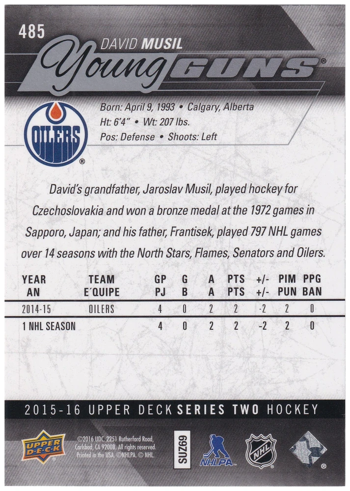 2015-16 UD Series 2 - David Musil - Young Guns #485