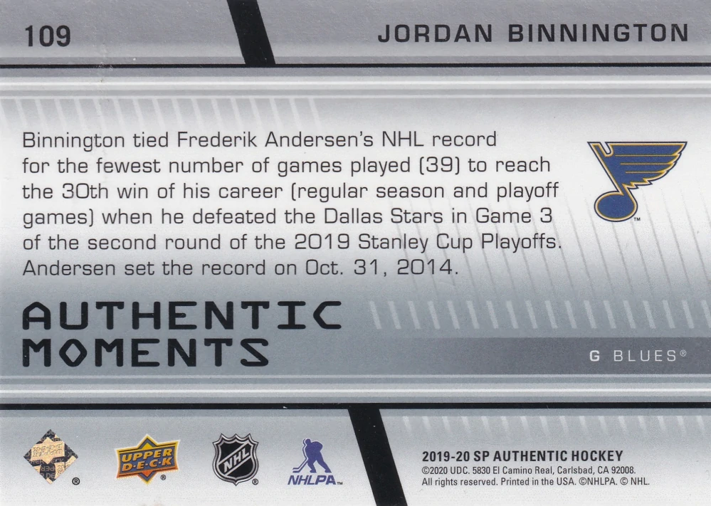 2019-20 UD SP Authentic - Jordan Binnington - Authentic Moments #109