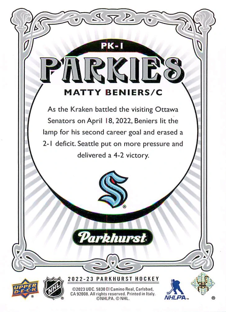 2022-23 UD Parkhurst - Matty Beniers - Parkies #PK-1