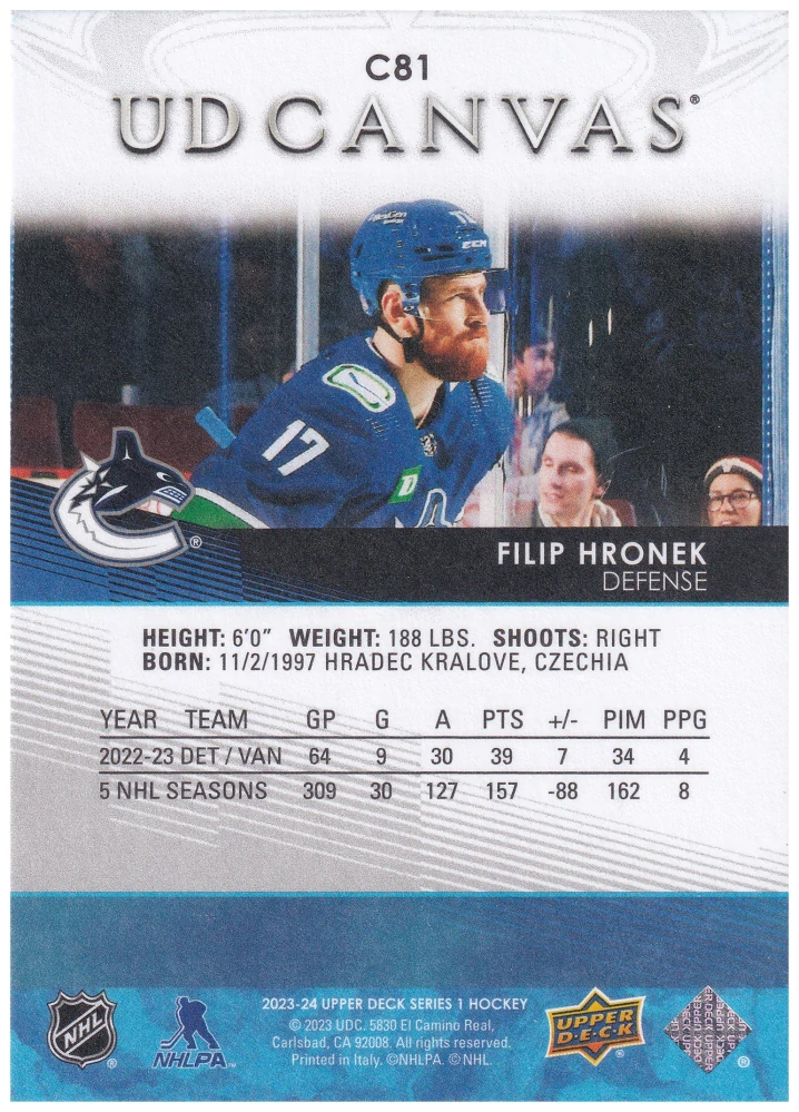 2023-24 UD Series 1 - Filip Hronek - Canvas #C81