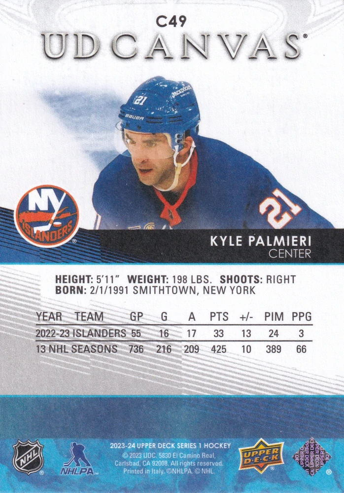 2023-24 UD Series 1 - Kyle Palmieri - Canvas #C49