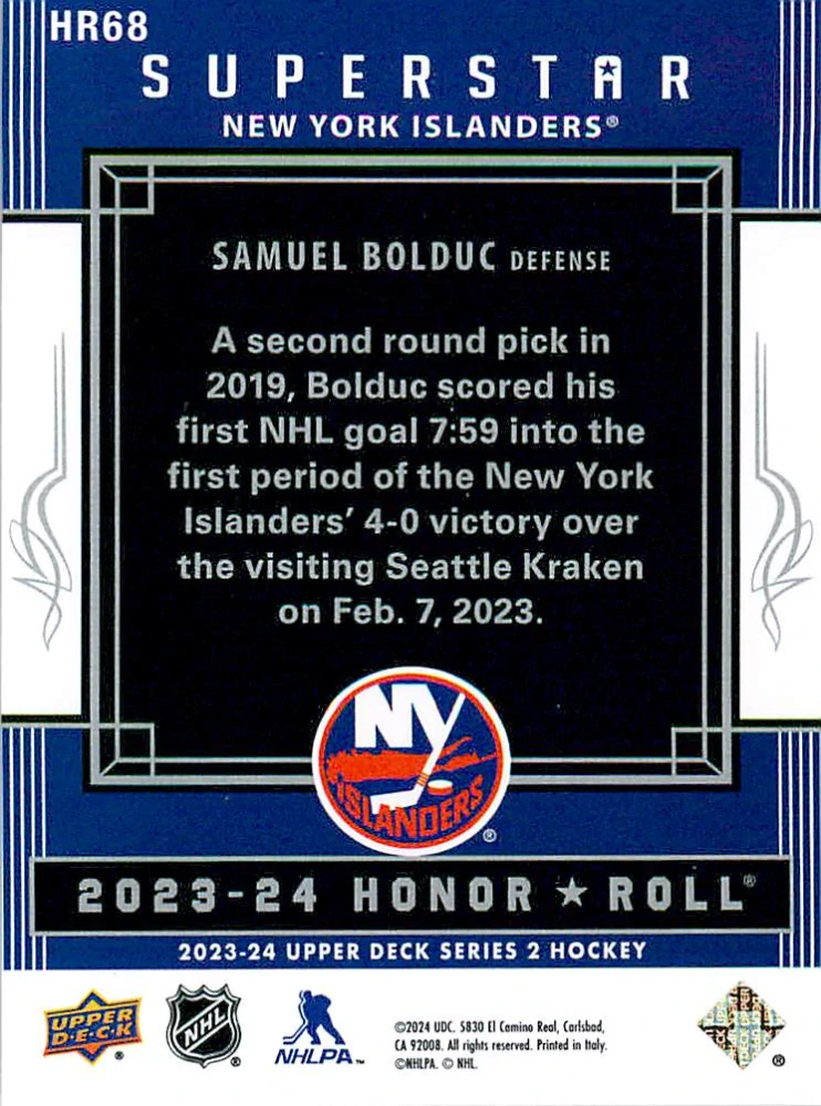 2023-24 UD Series 2 - Samuel Bolduc - Superstar Honor Roll #HR68