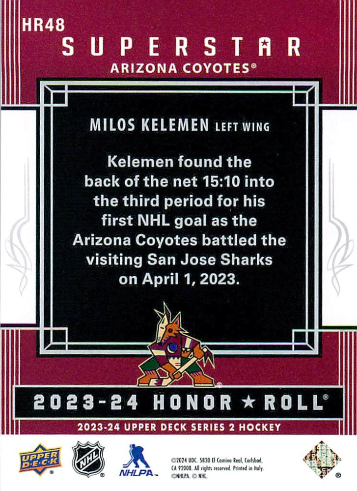 2023-24 UD Series 2 - Miloš Kelemen - Superstar Honor Roll #HR48
