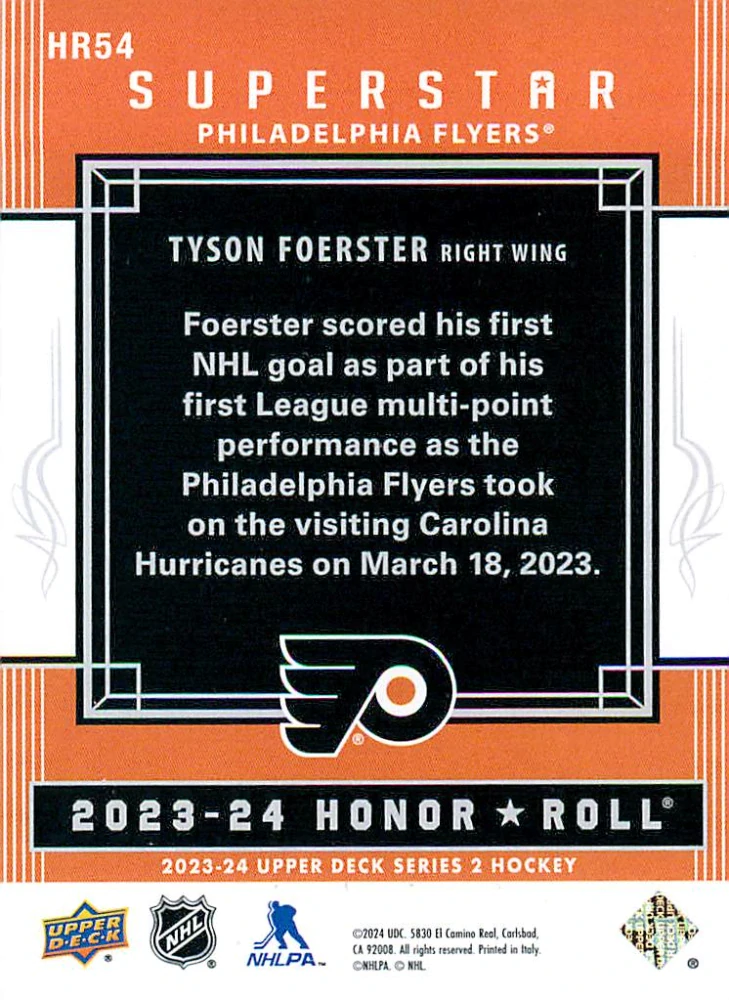 2023-24 UD Series 2 - Tyson Foerster - Superstar Honor Roll #HR54