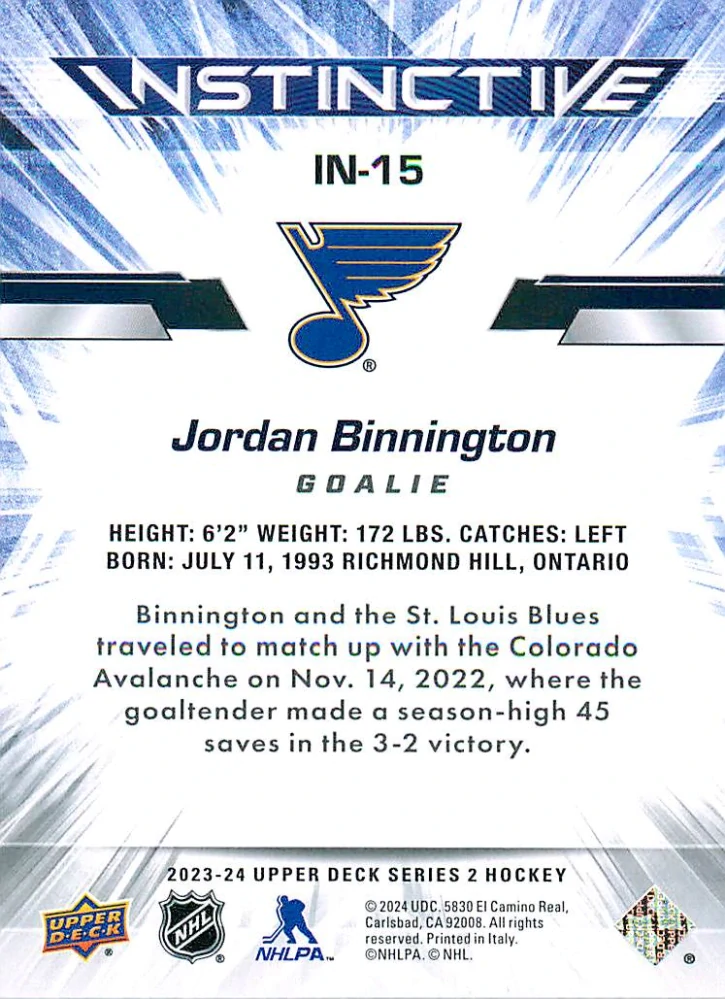 2023-24 UD Series 2 - Jordan Binnington - Instinctive #IN-15