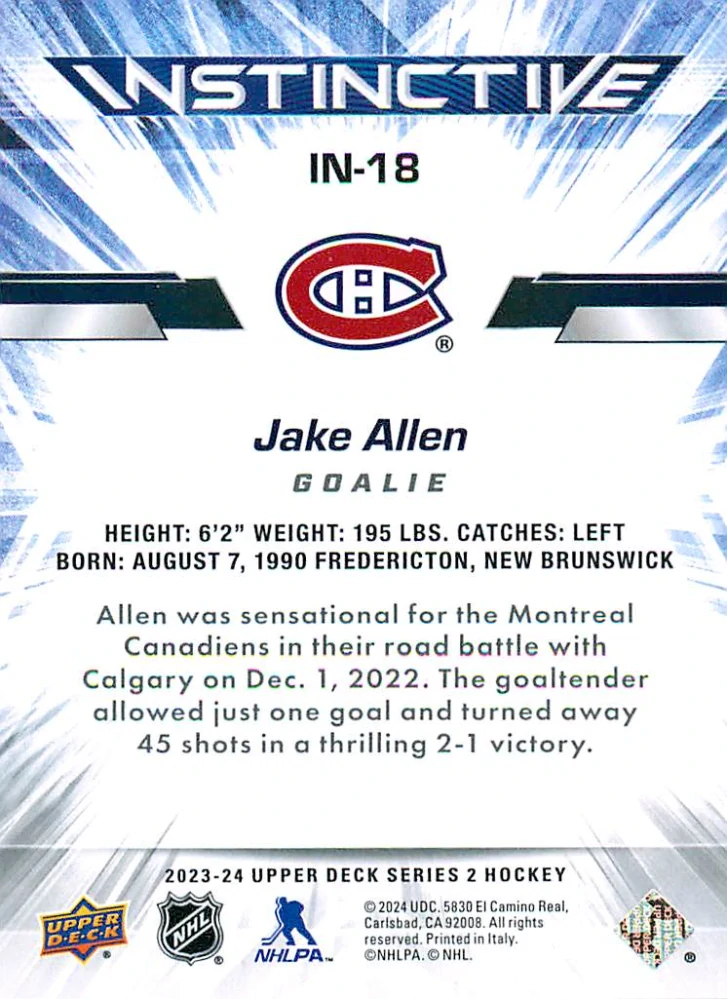 2023-24 UD Series 2 - Jake Allen - Instinctive #IN-18
