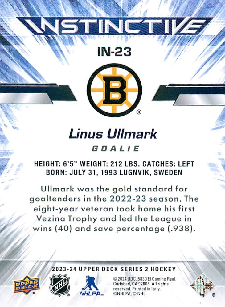 2023-24 UD Series 2 - Linus Ullmark - Instinctive #IN-23