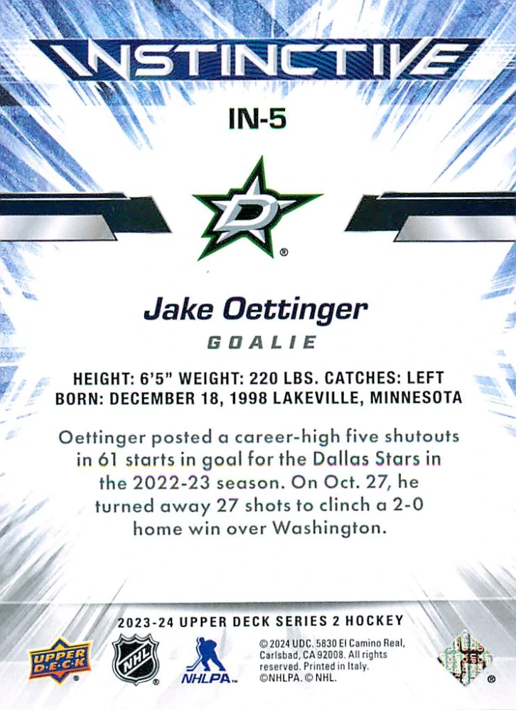 2023-24 UD Series 2 - Jake Oettinger - Instinctive #IN-5