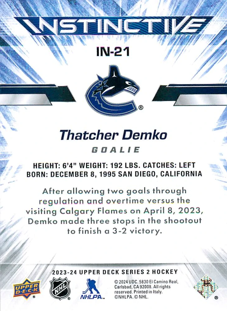 2023-24 UD Series 2 - Thatcher Demko - Instinctive #IN-21