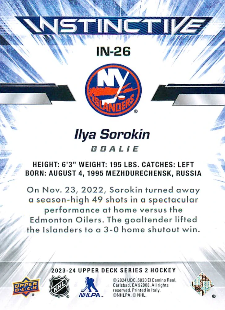 2023-24 UD Series 2 - Ilya Sorokin - Instinctive #IN-26
