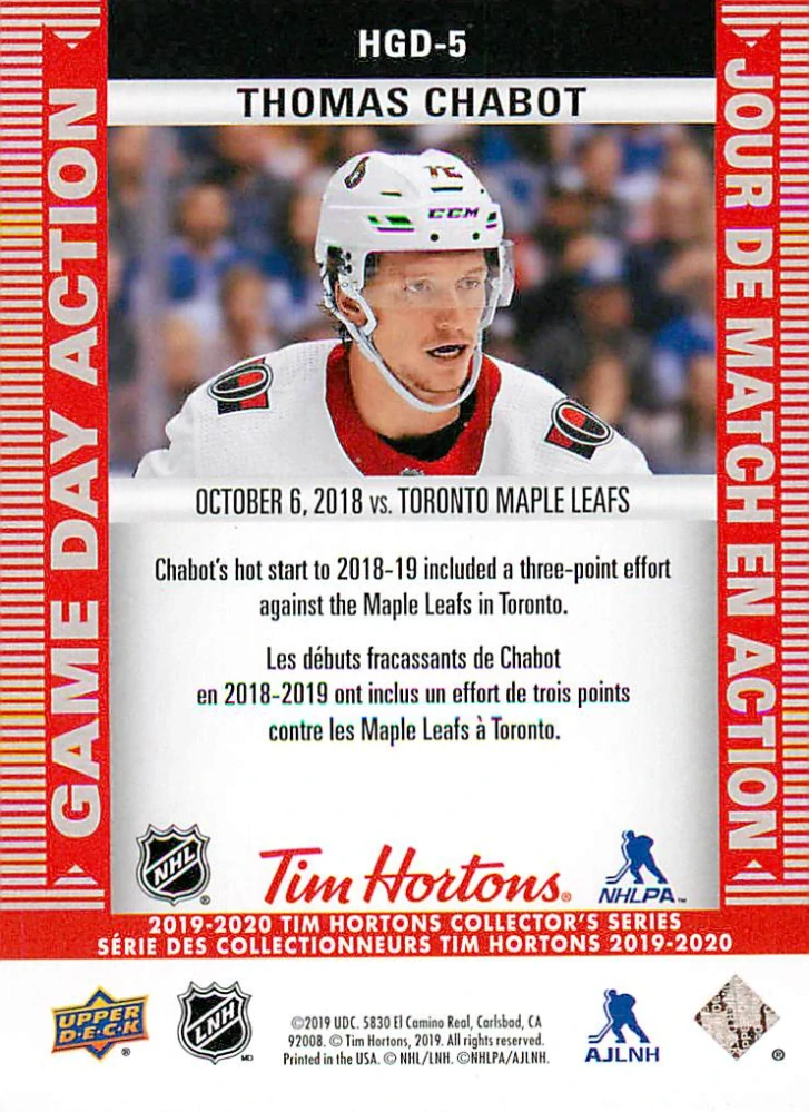 2019-20 UD Tim Hortons Collector's Series - Thomas Chabot - Game Day Action #HGD-5