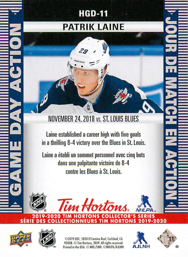 2019-20 UD Tim Hortons Collector's Series - Patrik Laine - Game Day Action #HGD-11