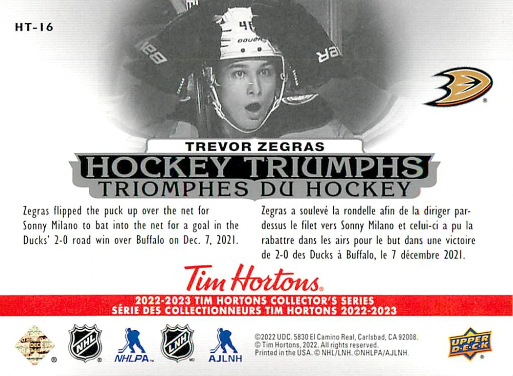2022-23 UD Tim Hortons Collector's Series - Trevor Zegras - Hockey Triumphs #HT-16