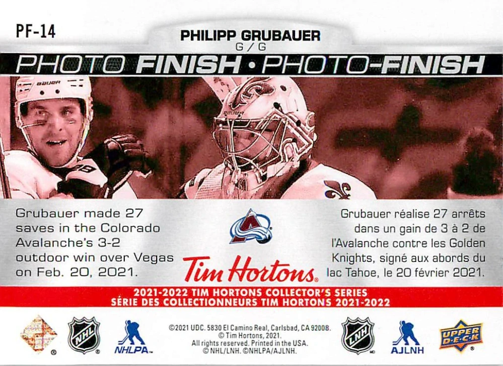 2021-22 UD Tim Hortons Collector's Series - Philipp Grubauer - Photo Finish #PF-14
