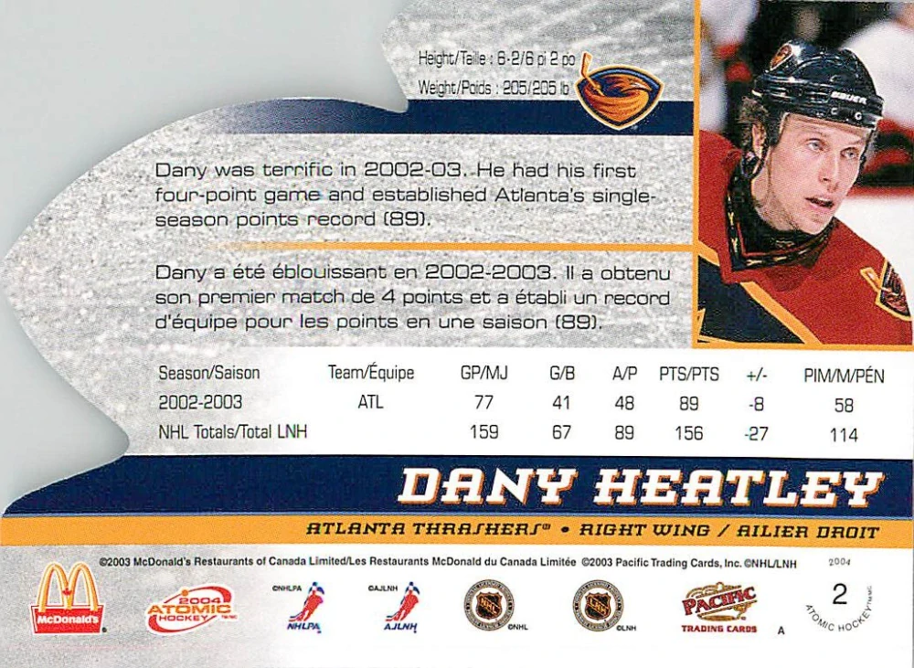 2003-04 Pacific Atomic McDonald's - Dany Heatley #2