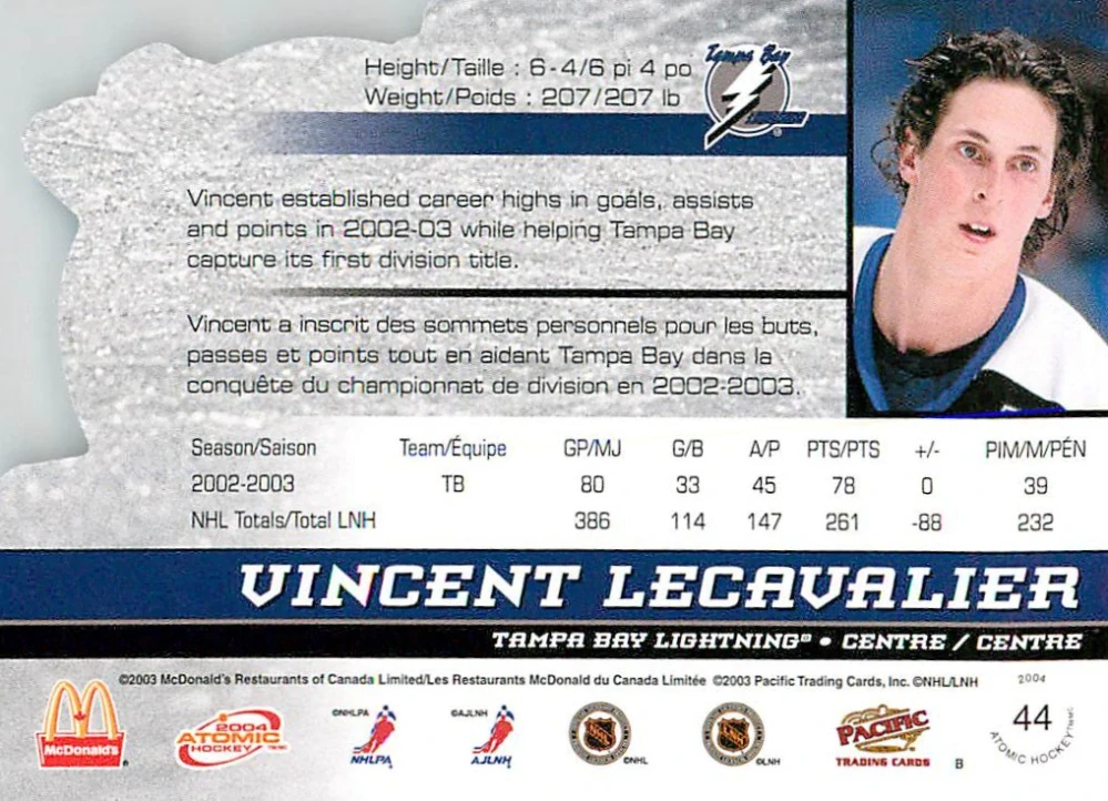 2003-04 Pacific Atomic McDonald's - Vincent Lecavalier #44