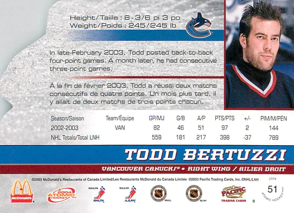 2003-04 Pacific Atomic McDonald's - Todd Bertuzzi #51